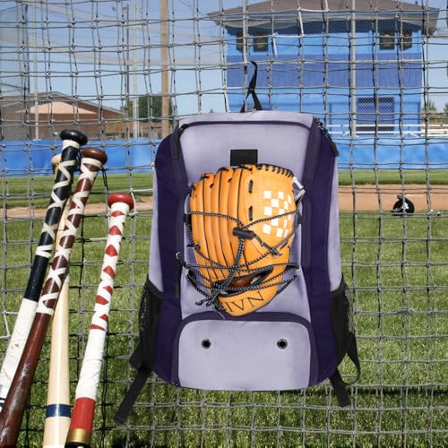MATEIN Baseball Backpack, Softball Bat Bag with Shoes Compartment for Youth, Boys and Adult, Lightweight Baseball Bag with Fence Hook Hold TBall Bat, Batting Mitten, Helmet, Caps, Teeball Gear - color: Purple, size: 47L
