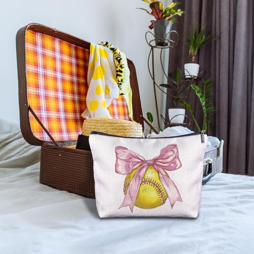 Softball Bow Makeup Bag - Softball Gifts for Women Softball Lovers Softball Mom Team, Softball Accessories for Girls, Pink Bow Softball Stuff for Women