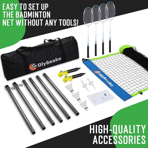 Outdoor Baminton Net Set for Backyard, Beach, Family Games with 20 * 3ft Anti-sag Net, 4 Aluminum Badminton Rackets, 3 Shuttlecocks, Carring Bag - Easy Set Up & Portable - color: Blue