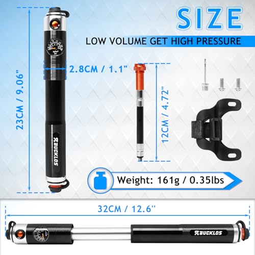 BUCKLOS Mini Bike Tire Pump with Gauge Portable Bicycle Hand Air Pump 160Psi Presta Schrader Valve Air Pressure Gauge for Mountain Bike Road Bikes Balls Handheld Accessories Tool