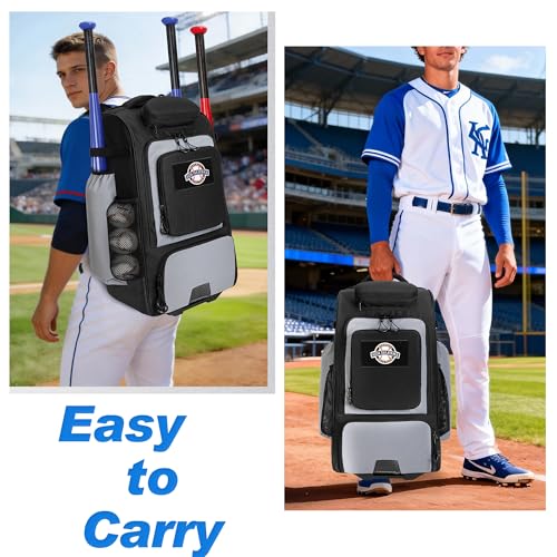 GOBUROS Rolling Baseball Backpack with Wheels, Softball Catchers Equipment Bag Holds 4 Bats, Roller Baseball Backpack with Shoe Compartment and Multiple Pockets for Baseball Gear with Fence Hooks