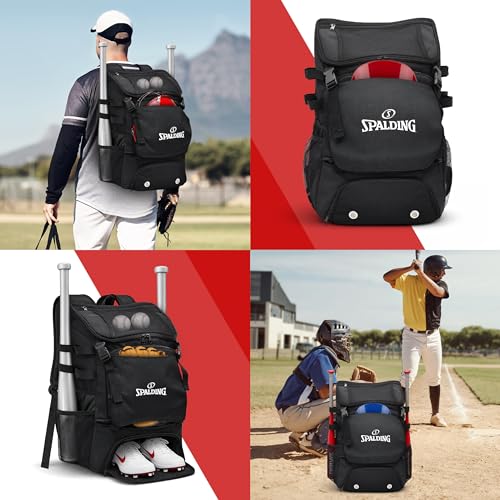 Spalding Baseball Backpack Baseball Bag | Youth & Adult Large Black Backpack with Compartment for Tball Softball Sports Gear | Fits Bat Glove Shoes Ball Helmet | Waterproof Adult Bat Bag Softball Gift