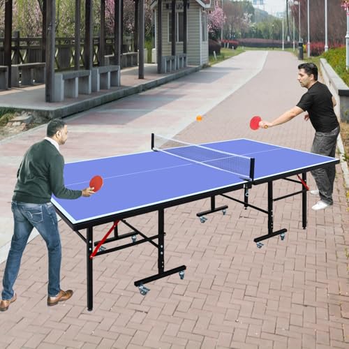 8×4FT Indoor/Outdoor Blue Table Tennis Table with Quick Clamp Ping Pong Net with Two Rackets and Three Balls,1 Net and 4 Wheels Set Behind It for Easy Movement,Foldable Single-Player Game