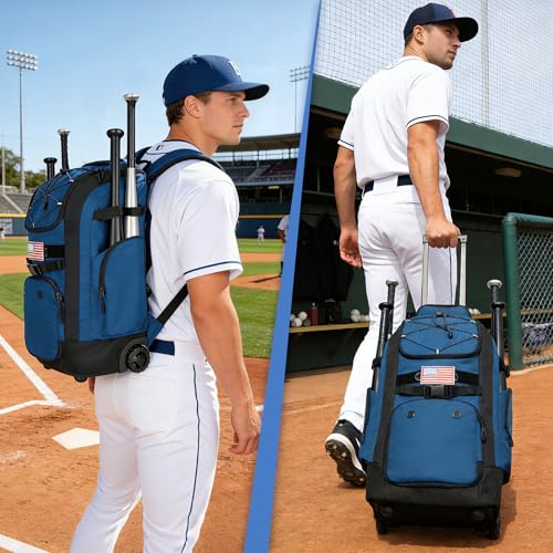 Rolling Baseball Bag with Wheels, 60L Capacity Wheeled Softball bag with Shoe Compartment for Youth & Adult, Bat bag with Hidden Straps,Fence Hook,Holds 4 Bat, Helmet, Glove - color: Blue