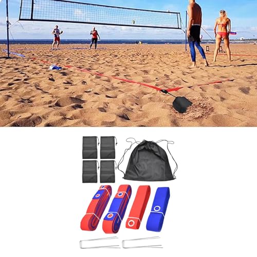 Beach Volleyball Court Boundary Lines Kit Portable with Metal Anchors 52.5 ft and 26.2 ft Line - color: Red and Blue