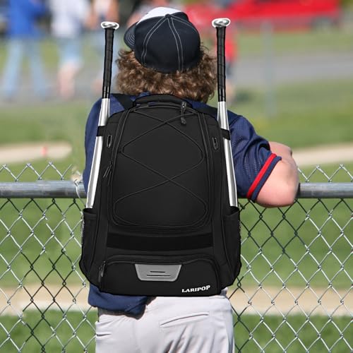 LARIPOP Youth Baseball Bag, Bat Backpack with Fence Hook & Separate Shoe Compartment, Waterproof Equipment Bag for Baseball, T-Ball & Softball - color: Black