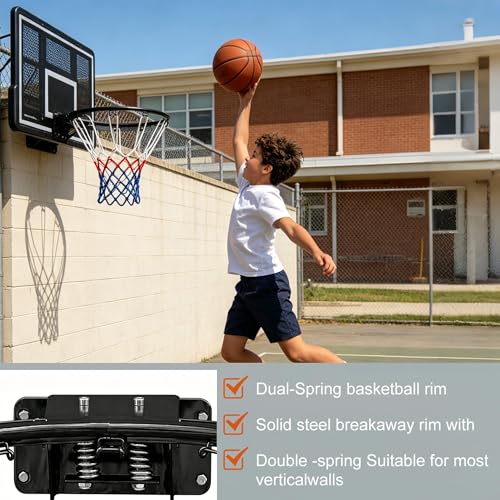 Rakon 18" Replacement Basketball Rim Wall Mount Hoop Hand-Crank Backboard Mounted for Indoor/Outdoor Classic Basketball Court, Teens, Adults, Schools, Parks - color: 18" Black Spring