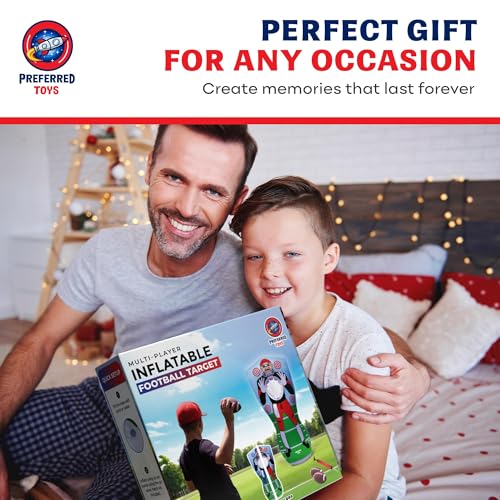 Preferred Toys 65” Inflatable Football Target Net Toss Game - Double-Sided Throwing Practice Football Stuff with Mini Balls - Backyard Tailgate Party Sports Toy for Kids & Adults - color: Red/Blue