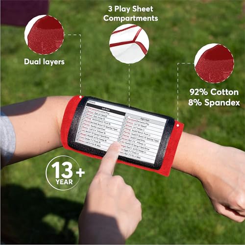 Football Play Wristbands | Sports Playbook Band | Youth Quarterback Gear | Wristband Playbook | Softball Wristbands for Signs - color: Red