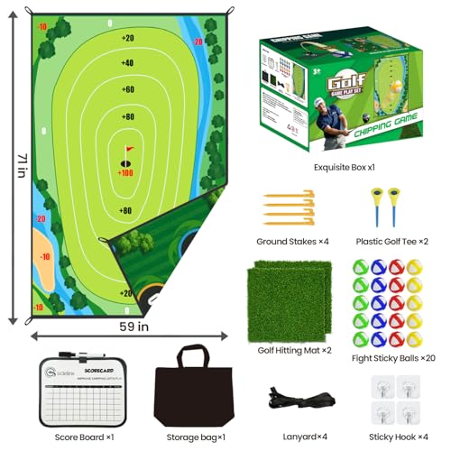 Golf Chipping Game Mat Double Sided,40 pcs Golf Game Set with 6×5 FT Golf Practice Mat,Outdoor Indoor Hitting Games for Adults & Kids,Home Backyard Garage Game, for Family Gatherings
