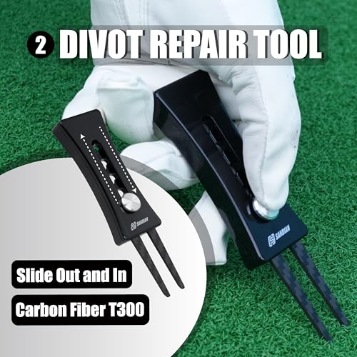 SANDIAN, All-in-1 Value Pak, Adjustable Golf Tee Height Setter with Divot Tool, Genuine Carbon Fiber Made Pitchfork, Super Lightweight, T800 Ball Marker, Hat Clip, Tees, Leather Holster, Zipper Case - color: Shiny Black Full