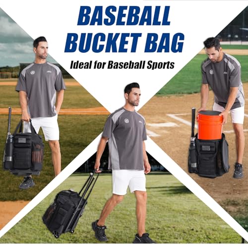 Baseball Bucket Bag with Wheels Baseball Coaching Accessories Organizer Tactical Style Softball Bucket Bag with Multiple Pockets for Bat, Gloves and Other Accessorie