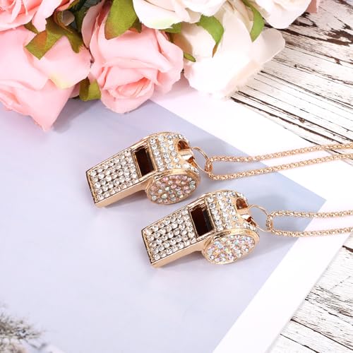 Tinoaly 2pcs Bling Whistle Crystal Rhinestone Necklace, Metal Golden Bling Loud Crisp Sound Whistle with Chain Lanyard for Referee Coach Teacher Sports Training