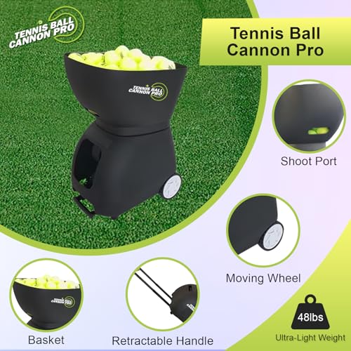 Tennis Ball Cannon Pro: Portable Tennis Ball Machine (48lbs) - Dual Motor for Top Spin and Backspin | Up to 120 Balls, Max Speed 80MPH | 6 Hours Playtime with Rechargeable Lithium Battery