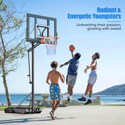 Asbest 44" Portable Basketball Hoop Outdoor 5.5-10ft 16 Levels Smooth Adjustable Height System with Heavy-Duty Steel Frame & Shatterproof PC Backboard for Kids, Teens, Adults-Driveway & Backyard