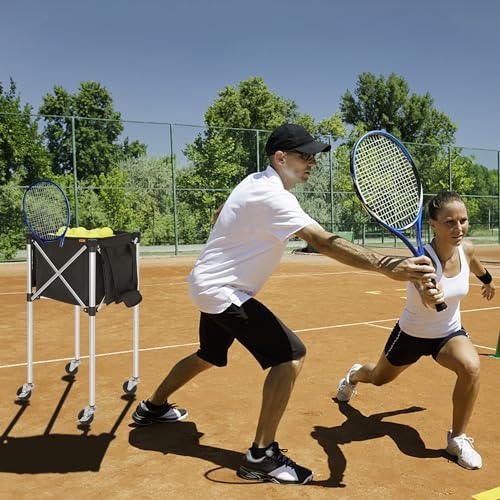 Foldable Tennis Ball Cart Holds 180 Balls Wheeled Tennis Ball Hopper Sports Teaching Carts with Storage Bag, Light Auminum Alloy