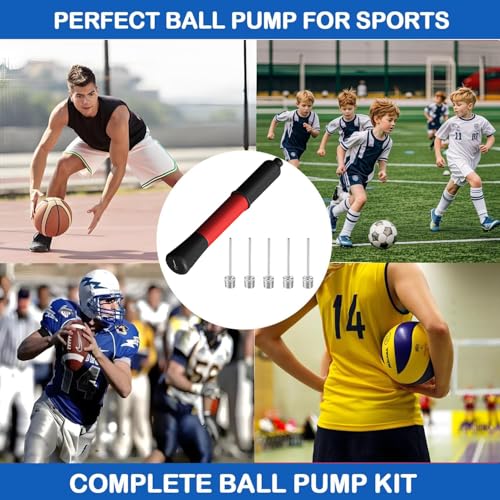 Ball Pump with Needle Storage(Never Lose Pin) Basketball Pump with 5 Needles and Extendable Cable, Soccer Football Pumps, Volleyball Pump Rugby Ball Inflator - Great for All Balls - color: Red+Red