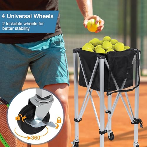 Foldable Tennis Ball Cart,Portable Tennis Ball Basket with Wheels Holds 160 Tennis Balls, Lightweight Ball Carrier Practice Hopper for Baseball Softball Tennis Pickleball