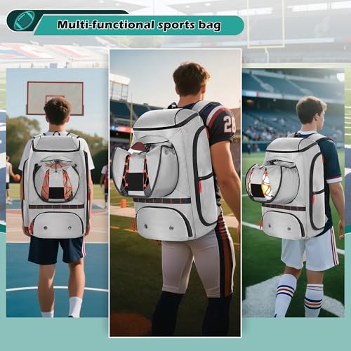 Smasrob Football Bag for Equipment with External Ball Holder, Insulated Pocket and Fence Hooks, Football Backpack for Youth and Adult - color: Grey