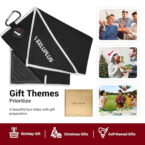 4-in-1 Magnetic Golf Towel with Brush & Cleaning Pocket - Premium Construction Golf Towel- Super Strong Golf Club Cleaner- Microfiber Waffle Design-15.7" X 23.6" Golf Accessories and Gifts for Men - color: Black