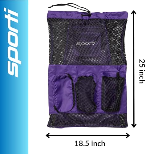Sporti Swimming Equipment Bag Zipper Pocket, Mesh Drawstring Backpack, Drawstring Bags, Big Mesh Backpack for Workout Gear - color: Equipment - Purple, style: 4. Two Shoulders & Pockets