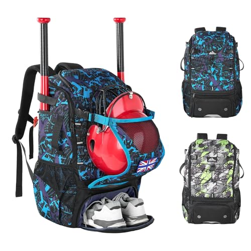 45L Youth Baseball Bat Bag, Softball Bag, Baseball Equipment Backpack Bag with Shoe Compartment - color: Blue