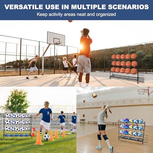 Basketball Rack, Shooting Training Rolling Ball Stand, Garage Organizer with Wheels, 4-Layer Sports Equipment Storage Holder with Baskets and Hooks for Soccer Baseball Footballs Volleyball
