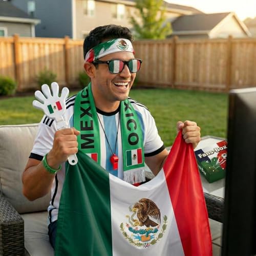 Soccer Fan Gear Set 2026-7 Piece Game Day Kit with Flag, Scarf, Glasses, Whistle, Clapper, Wristband & Headband in Gift Box - Watch Party & Stadium Essentials for Mexico - color: Mexico