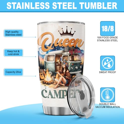 Queen of the Camper Gift 20oz Stainless Steel Tumbler, Insulated Coffee Travel Mug with Girl and Van Artwork, Camper Themed Outdoor Adventure Cup for Women, Camping Enthusiasts - color: Camping Lover