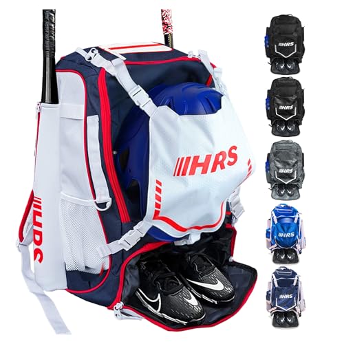 Hit Run Steal Bat Bag Backpack, Holds 4 Bats, Gloves, Helmet, and Cleats, Red, White & Blue