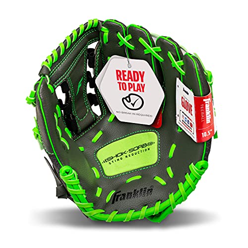Franklin Sports Youth Teeball Gloves - Shok Sorb Kids Baseball + Teeball Mitt - Boys + Girls Fielder Gloves - 10.5" Inch - color: Graphite/Lime