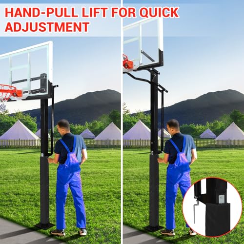 GarveeTech In Ground Basketball System Outdoor, 8-10ft Quick Adjustable Basketball Hoop &Goal with 55" Shatterproof Tempered Glass Backboard,