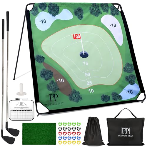 Parkway Play Sticky Golf Chipping Game Set 6x6 ft Metal Frame, Backyard Target Game, 2 Clubs, 25 Sticky Balls, Turf Mat, Indoor Outdoor Yard Sport, Golf Practice Set, Chipping Training Aid - style: METAL FRAME SET