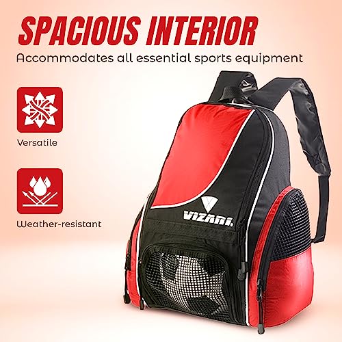 Vizari Solano Soccer Backpack With Ball Compartment and Vented Ball Pocket and Mesh Side Cargo Pockets for Adults and Teens - color: Red