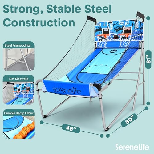SereneLife Dual Shot Basketball Arcade Game with Electronic Scorer, 8 Game Modes, Indoor Outdoor 2 Player Basketball Shooting Game, Foldable Arcade Set with 5 Balls and Pump - style: Double Hoop, Heavy Duty