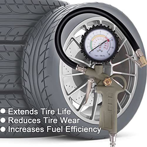 Tire Inflator with Pressure Gauge, 0-220PSI Dial Wheel Air Tire Pressure Gauge, Heavy Duty Rubber Hose with Quick Coupler, Air Compressor Tire Inflator Attachment for Cars Motorcycle Bike