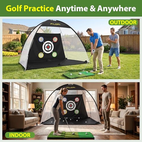 FILORI Golf Practice Net 10x7FT - Golf Hitting Net with Tri-Turf Mat, 8 Balls, Tee & Carry Bag, Indoor/Outdoor Backyard Training for Driving Chipping Swing, Ideal Gifts for Men Dad Husband Golfer