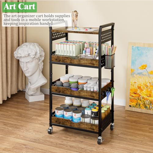 4 Tier Bathroom Storage Cart - Kitchen Rolling Cart on Wheels, Metal Snack Cart Pantry Floor Organizer with Hooks and Mesh Basket, Black Utility Trolley Rack for Fruit Coffee Craft Makeup