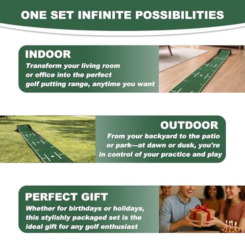 Golf Putting Mat Set with Putting Green & 4 Golf Balls – 9.8 ft Training Aid Mat with Ball Return for Indoor & Backyard Practice – Great Gift for Golfers and Beginners