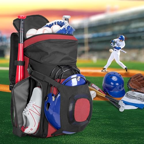 Smasrob Baseball Bag for Adult and Youth, Baseball Backpack Softball Bag with Helmet Holder, Shoe Compartment and Fence Hook - color: Red