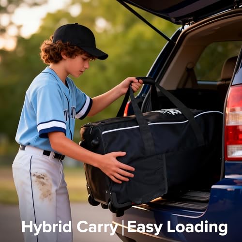 Catchers Gear Bag with Wheels, Large Rolling Baseball Equipment Bag for Helmet, Bats, Cleats, Durable Polyester for Youth and Adults, Black