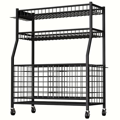 YOHKOH Sports Organizer for Garage, Large Sports Equipment Organizer Cart with 5 Baseball Stick Holders, Ball Storage Rack, Heavy-Duty Garage Sports Gear Storage with Wheels