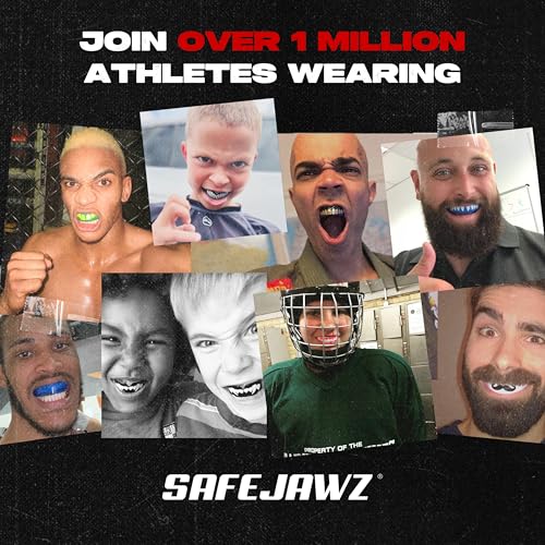 SAFEJAWZ Mouth Guard, Dual Layer Mouthguard for Adults with Case, Easy Fit Remoldable Mouthpiece for Football, Boxing, Lacrosse, MMA, Basketball & All Contact Sports (Adult 12+ Years, Black Fangz)