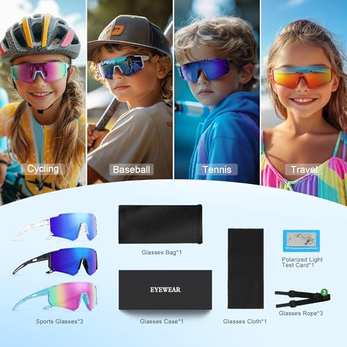 3PACK Kids Sunglasses Youth Baseball Sunglasses for Boys Girls Age 4-12,Softball Sports Cycling Goggles UV Protection - color: A12-deep Blue+purple+blue