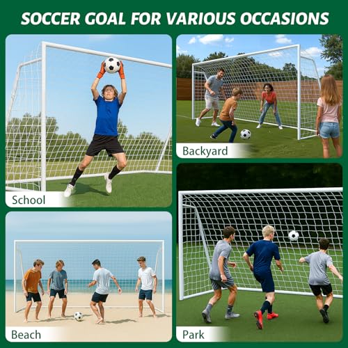NAIZEA Soccer Goals - 24x8/21x7/18x7/12x6/16x7/10x6/8x6/6x4FT Soccer Goals for Backyard Training- Portable Metal Soccer Net for Youth & Adults - Heavy Duty Steel for Indoor Outdoor Games & Practice - size: 16ft x 7ft, style: Trainer-White/Steel