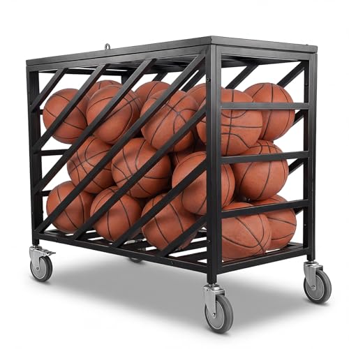 Basketball Storage Bin with Wheels Rolling Exercise Ball Holder with Lockable Lid for Volleyball Gym Recess Soccer Playground