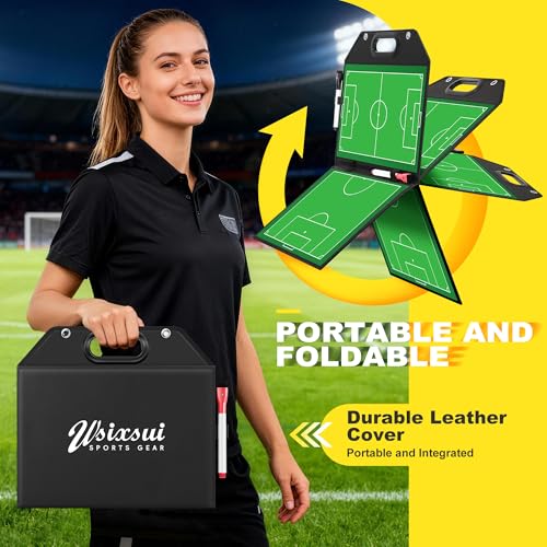 Soccer Coaching Board with Leather Cover, Magnetic Dry Erase Clipboard with Handle for Soccer Coaches | Foldable Full & Half Field Tactics Board with Markers and Clips - style: Soccer