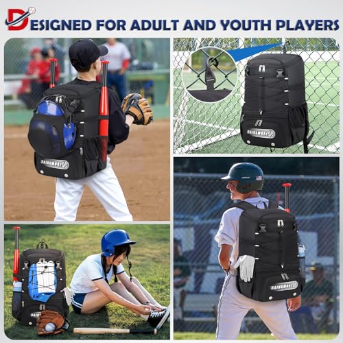 RAINSMORE Baseball Bag for Youth & Adult Lightweight Softball Bat Bag with Shoe Compartment, External Helmet Holder and Fence Hook Waterproof Baseball Backpack Hold T-Ball, Bat and Softball Equipment - color: Black