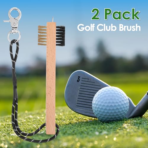 Feekoon 2 Pcs Wood Golf Club Brush, Groove Cleaner with Rope and Metal Clip, Oversized Brush Head, Heavy Duty Nylon Bristles for Cleaning Grooves on Clubs Golf Accessories