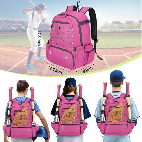 MATEIN Baseball Bat Bag for 4 Bats with Ball Pocket, Lightweight Youth Baseball Backpack with Shoe Compartment, Large Capacity Softball Equipment Bag with Fence Hook for TBall Gear, Helmet, Glove - color: Pink